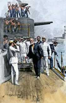Naval Battle Gallery: Battleship Iowa receiving prisoners, Spanish-American War