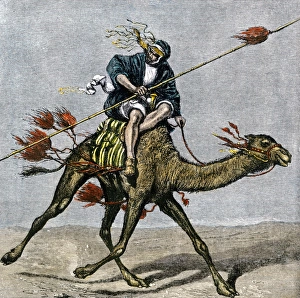 Bedouin messenger racing across the desert on a camel