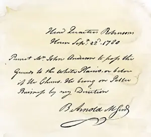 Benedict Arnolds signature on a pass given to British agent Major John Andre
