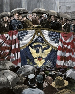 President Harrison Prints: Benjamin Harrison taking the Presidential Oath of Office in the rain
