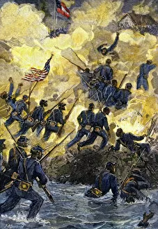 Federal Army Gallery: Black regiment assaulting Battery Wagner during the US Civil War