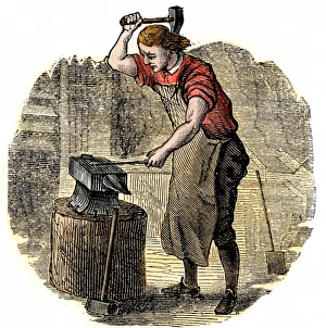 Manual Prints: Blacksmith making horse-nails by hand on an anvil
