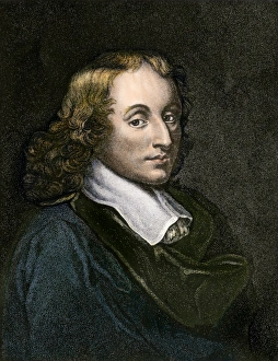 Blaise Pascal. Hand colored engraving of a portrait