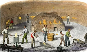 Business Gallery: Blowing glass in a British factory, 1800s