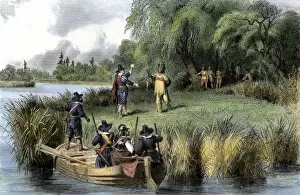 Row Boat Gallery: Boston colonists greeted by Native Americans, 1635