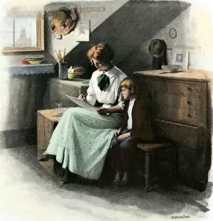 Childrearing Gallery: Boy learning at home, circa 1900