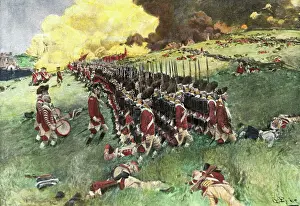British army marching in formation up Breeds Hill in the Battle of Bunker Hill