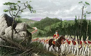 British General Edward Braddock marching through wilderness to Fort Duquesne