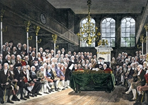 English Prints: British House of Commons in 1793 Hand-colored 19th century engraving