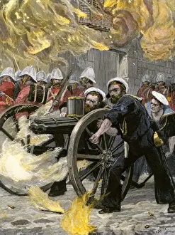Egypt Prints: British naval brigade using a Gatling gun to occupy Alexandria