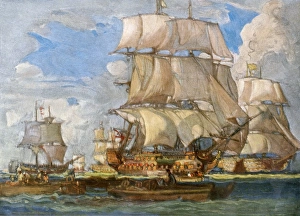 Battle Ship Prints: British Navy under Lord Howe saiing from Spithead for battles off the coast of