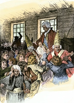 Protest Prints: British official reading the Decree of Expulsion to Acadians in Canada
