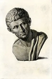 Ancient Greece Prints: Bust of Aristotle Hand-colored 19th-century woodcut reproduction of a statue