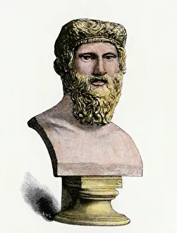 Ancient Greek Prints: Bust of Plato. Hand-colored 19th-century woodcut