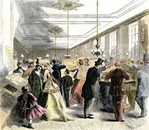 Telecommunications Gallery: Busy telegraph office in New York City, 1860s