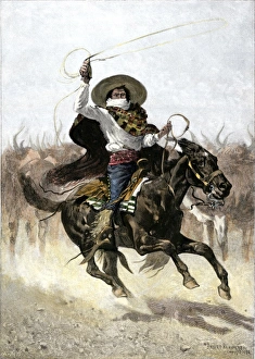 California vaquero galloping to lasso a steer