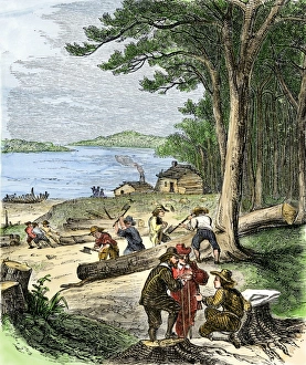 Dutch Prints: Captain Adrian Block buildng a ship in Narragansett Bay