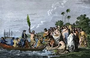 Discovery Collection: Captain Cook landing on a South Pacific island, 1770s
