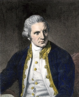 Royal Navy Prints: Captain James Cook. Hand-colored woodcut of a painting