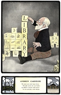 Cartoon of Andrew Carnegie playing with blocks that spell LIBRARY