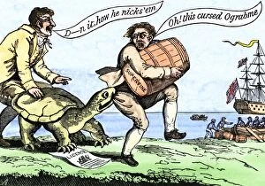 Government:politics Gallery: Cartoon protesting Jeffersons trade embargo, 1807