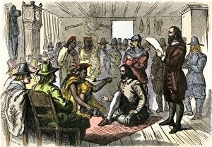 Plymouth Colony Gallery: Chief Massasoit pledges friendship with Plymouth Pilgrims