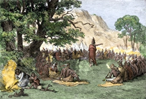 Michigan Prints: Chief Pontiac addressing a gathering of Native Americans