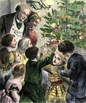 Victorian Prints: Children finding gifts on the family Christmas tree
