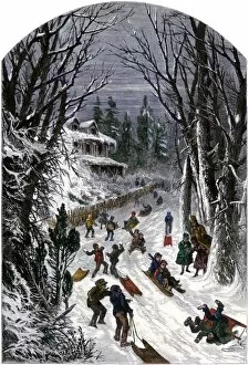 Children sledding after a snowstorm, 1800s