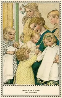 Doll Gallery: Children surrounding their mother, circa 1900