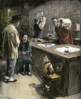 Asian American Prints: Chinese-American pharmacist weighing medicines in a Chinatown drugstore