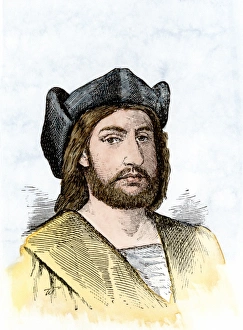 Navigator Prints: Christopher Columbus. Hand-colored woodcut of a 19th-century illustration