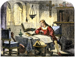 Spice Trade Prints: Christopher Columbus studying a map in his studio in Spain 1400s