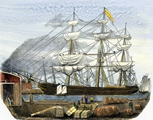 California Gold Rush Gallery: Clipper ship loading supplies for the California gold fields