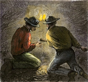 Mineral Prints: Coal miners tamping an explosive charge in a tunnel