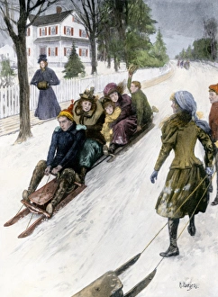 Sports:recreation Prints: Coasting on double-runner sleds in New England