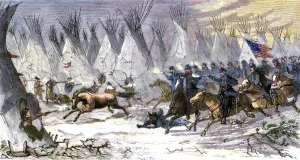 Colorado Prints: Colonel John Chivington leading US Cavalry massacre of Black Kettles village of