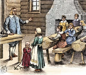 Puritan Gallery: Colonial classroom in New England, 1600s