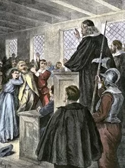 Witch Gallery: Colonial courtroom in Puritan Massachusetts, 1600s
