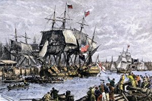 Protest Prints: Colonial protestors emptying tea during the Boston tea party
