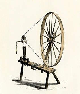 Handicraft Prints: Colonial spinning wheel. Hand-colored woodcut of a 19th-century illustration