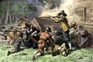 Colonial Virginians defending themselves from attack by Native Americans