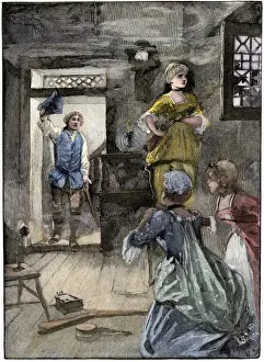 Colonial women defending their home as a Minuteman leaves for battle of