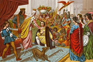 Spain Prints: Columbus bringing gifts from the New World to Queen Isabella of Spain 1492