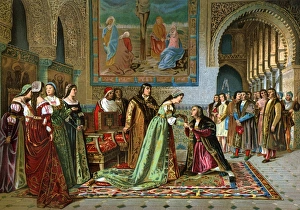 Spain Prints: Columbus brought in chains before Ferdinand and Isabella by Bobadilla