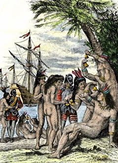 Columbus giving hawks bells to natives after landing in the Caribbean