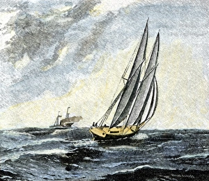 Sail Boat Prints: Confederate blockade runner dodging a Union cruiser
