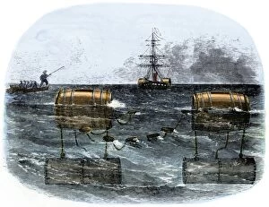Confederate explosive mines blocking a river, Civil War