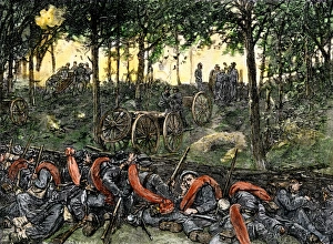 Confederate Soldier Prints: Confederate infantry waiting out an artillery duel in the Devils Den