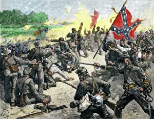 Louisiana Prints: Confederate Louisiana brigade throwing stones at advancing Federal Army of